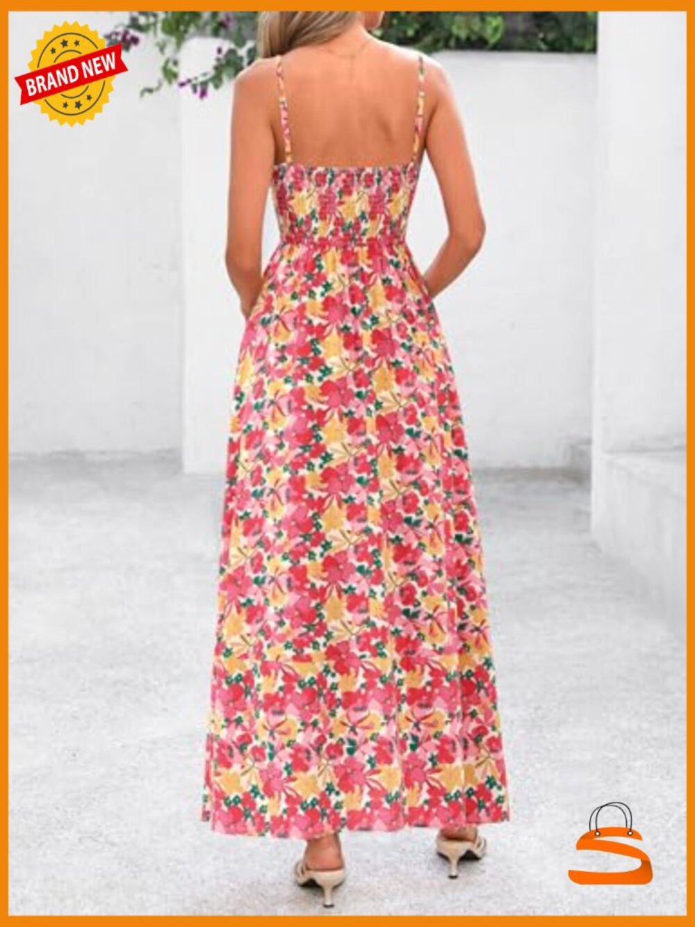 Spaghetti Strap Flowy Maxi Dress Square Neck Smocked Back Boho Wedding Guest - Picture 6 of 7